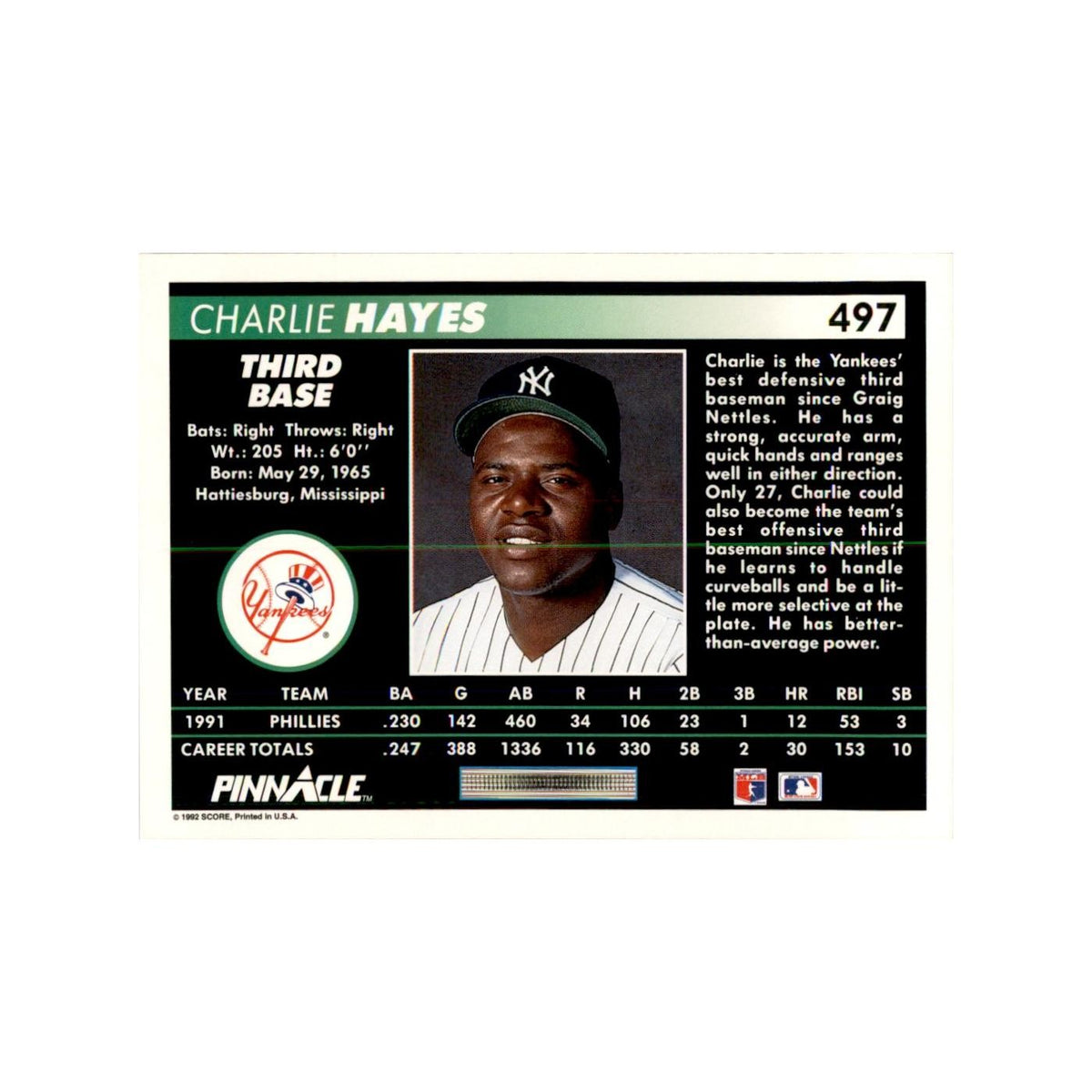 1992 Pinnacle Charlie Hayes Baseball Cards #497