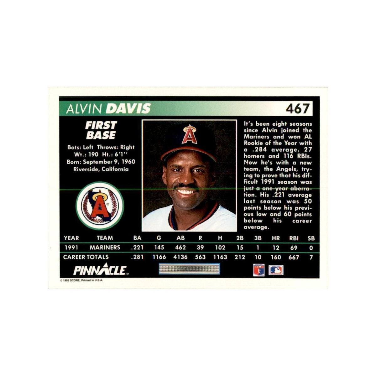 1992 Pinnacle Alvin Davis Baseball Cards #467