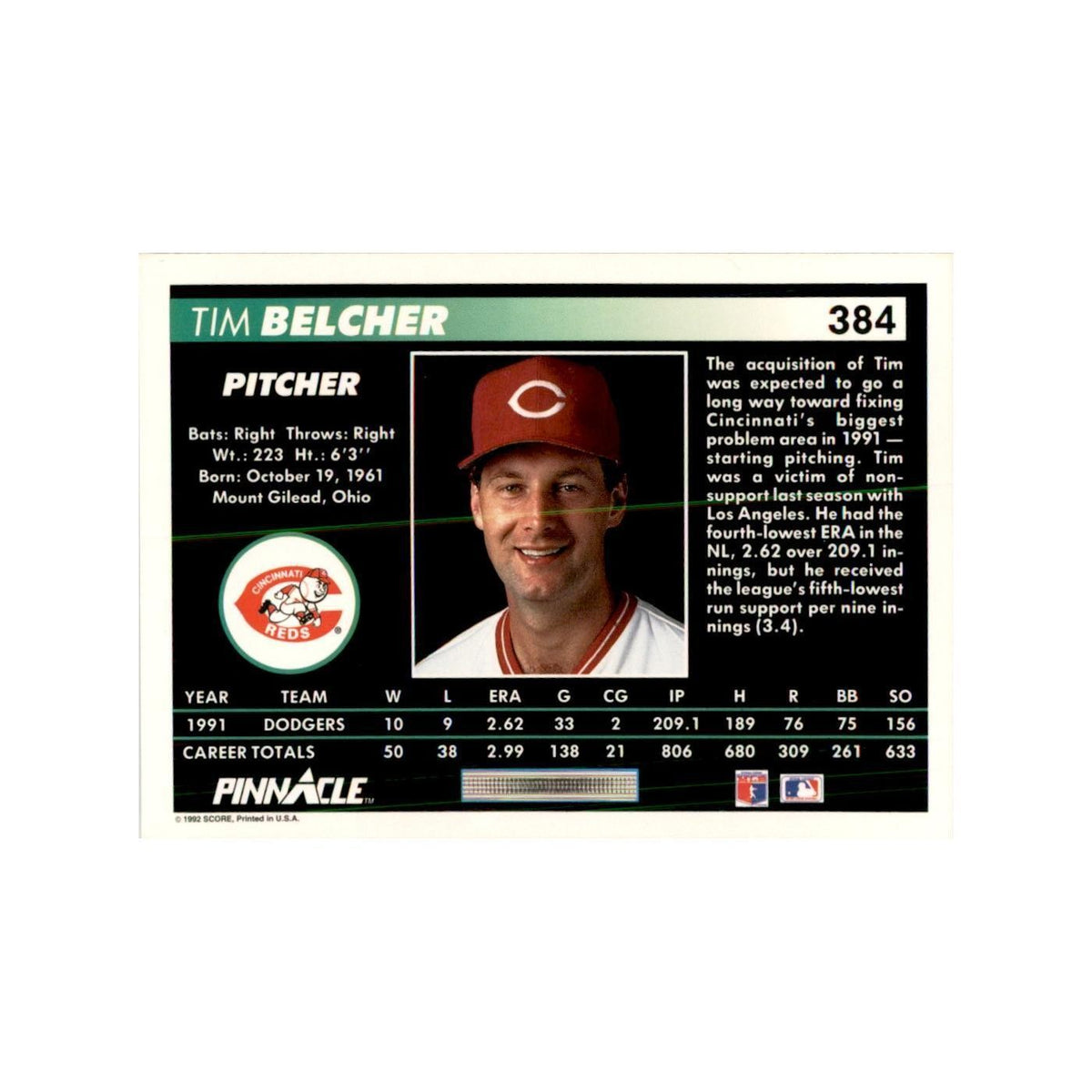 1992 Pinnacle Tim Belcher Baseball Cards #384