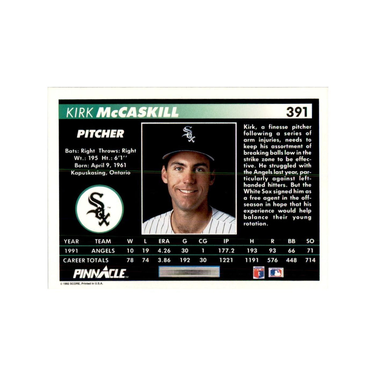 1992 Pinnacle Kirk McCaskill Baseball Cards #391