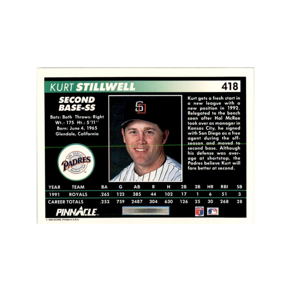 1992 Pinnacle Kurt Stillwell Baseball Cards #418