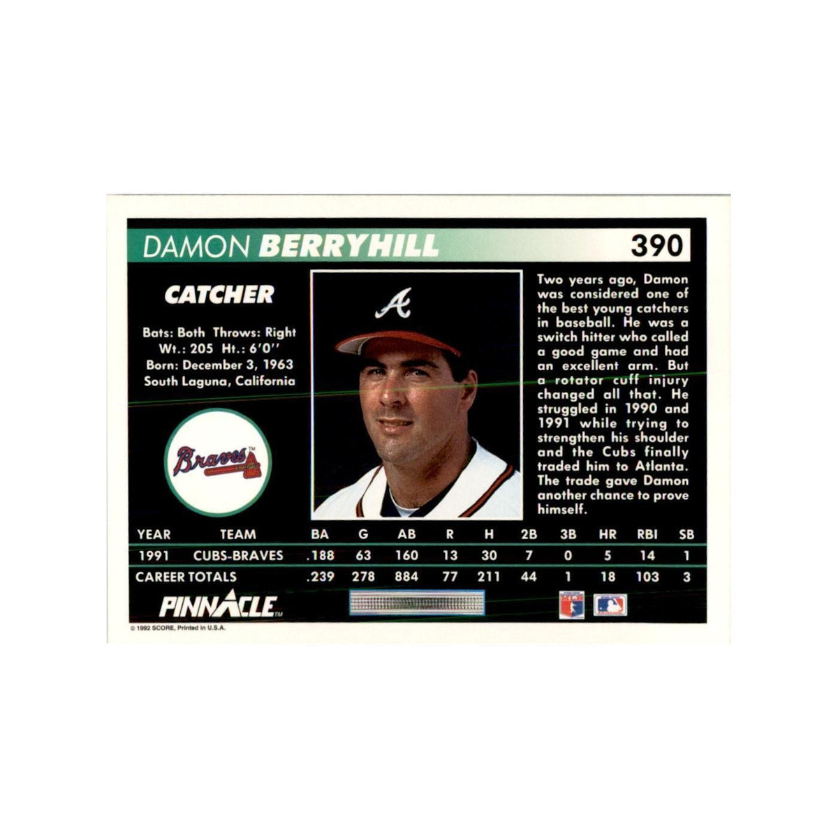 1992 Pinnacle Damon Berryhill Baseball Cards #390