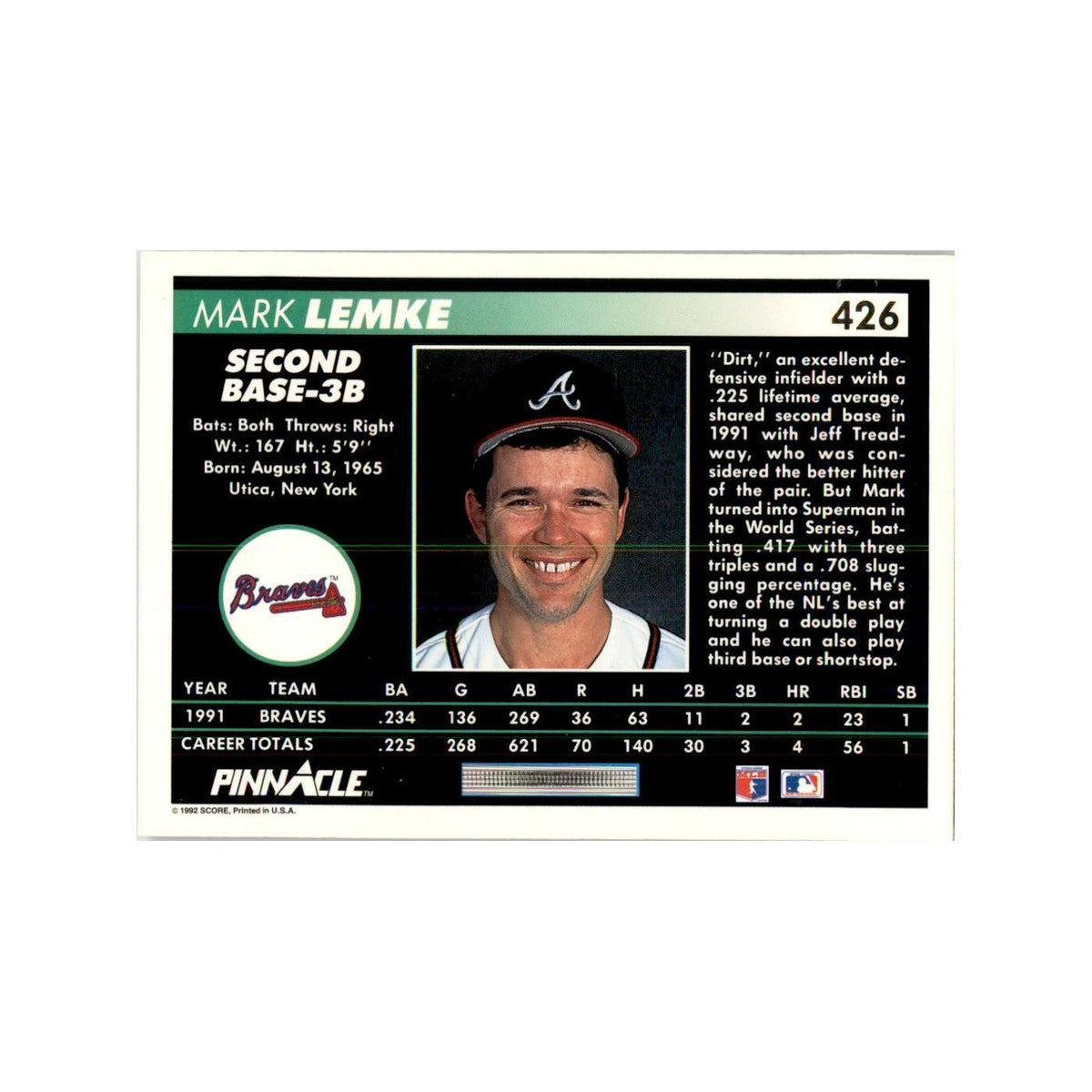 1992 Pinnacle Mark Lemke Baseball Cards #426