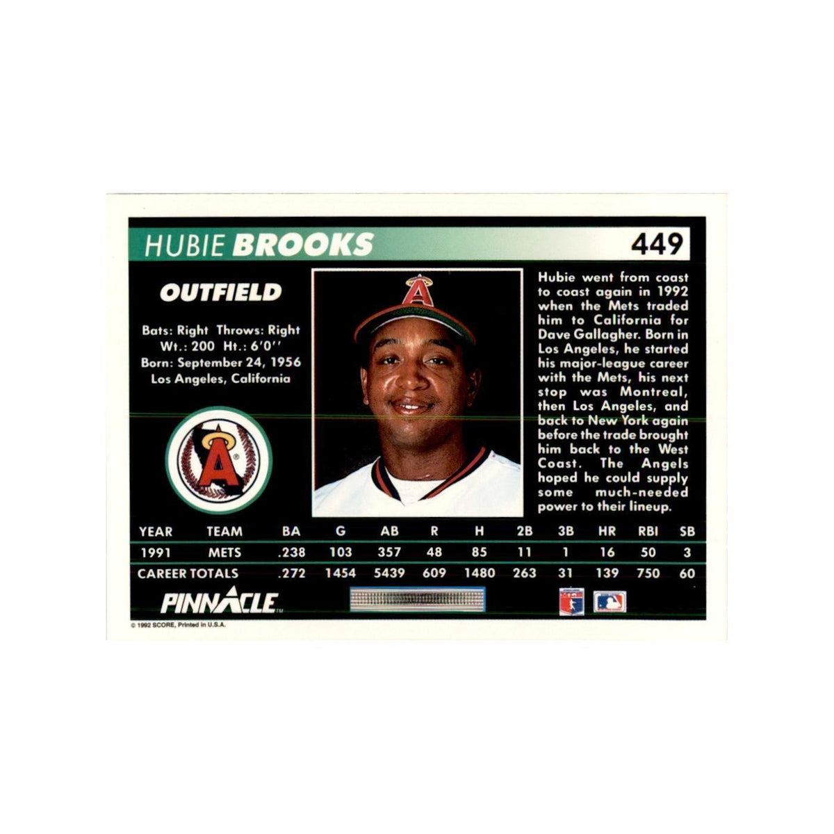 1992 Pinnacle Hubie Brooks Baseball Cards #449