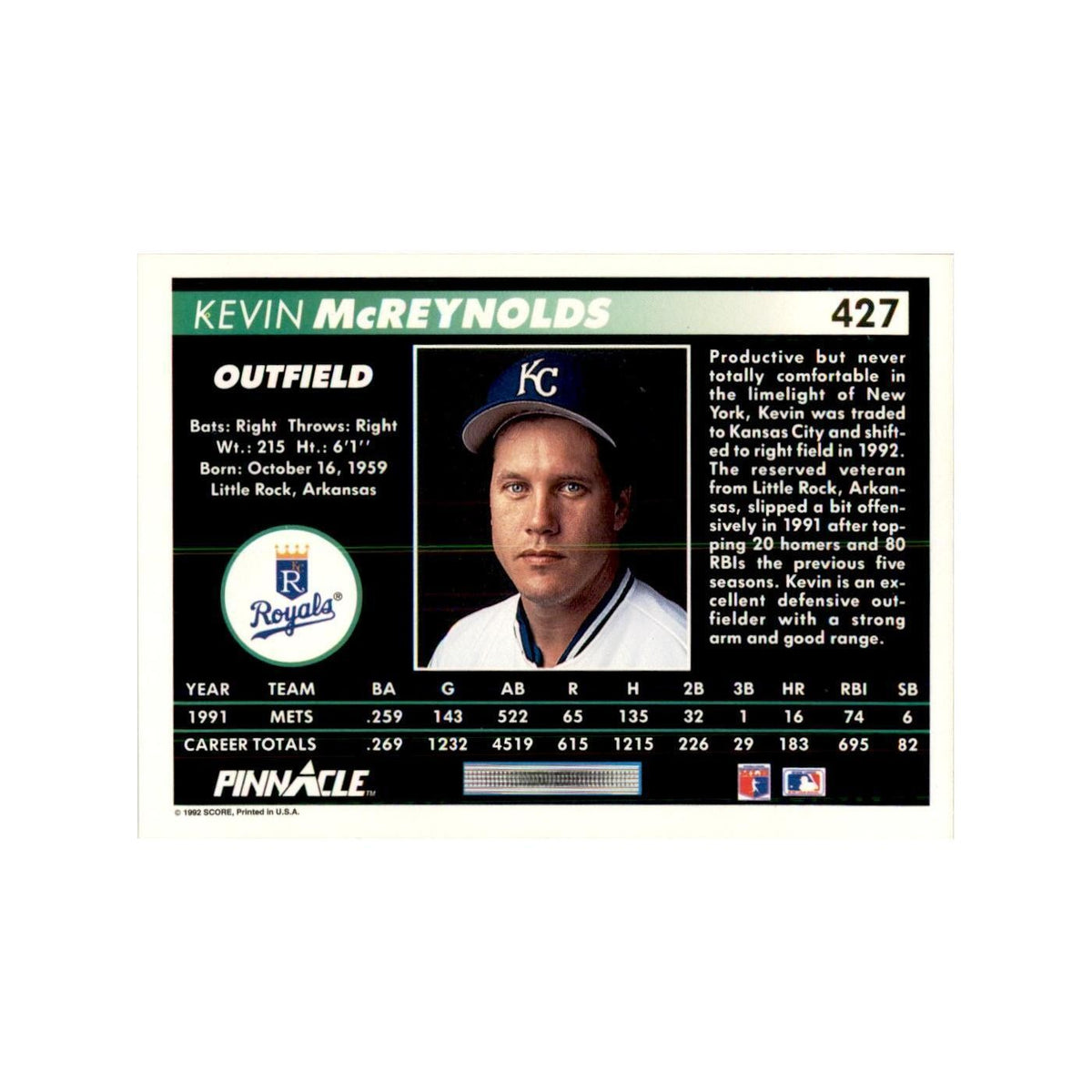 1992 Pinnacle Kevin McReynolds Baseball Cards #427