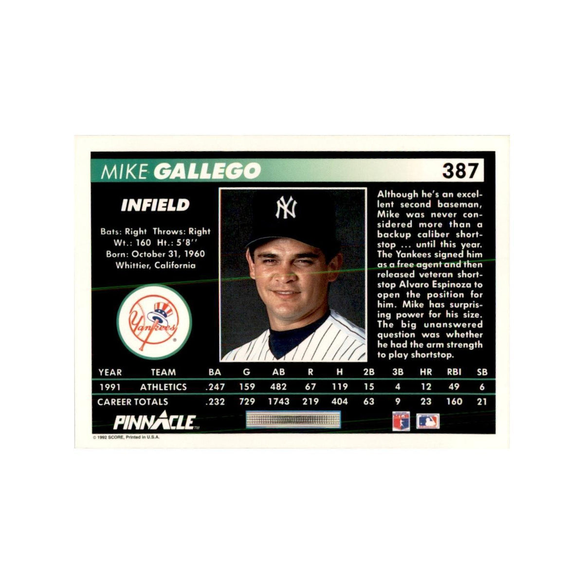 1992 Pinnacle Mike Gallego Baseball Cards #387