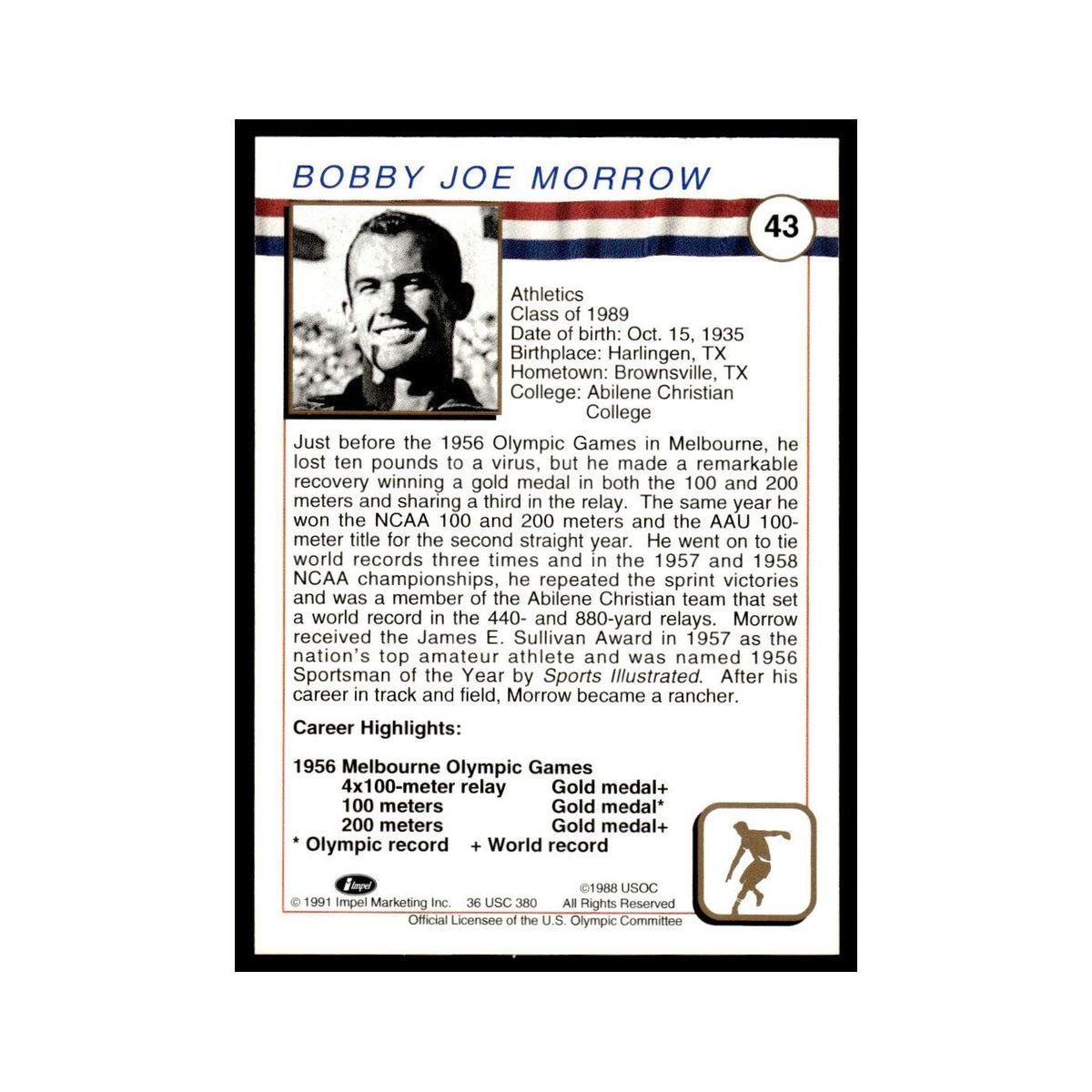 Bobby Joe Morrow 1991 Impel US Olympic Hall Of Fame #43 Baseball Card NM