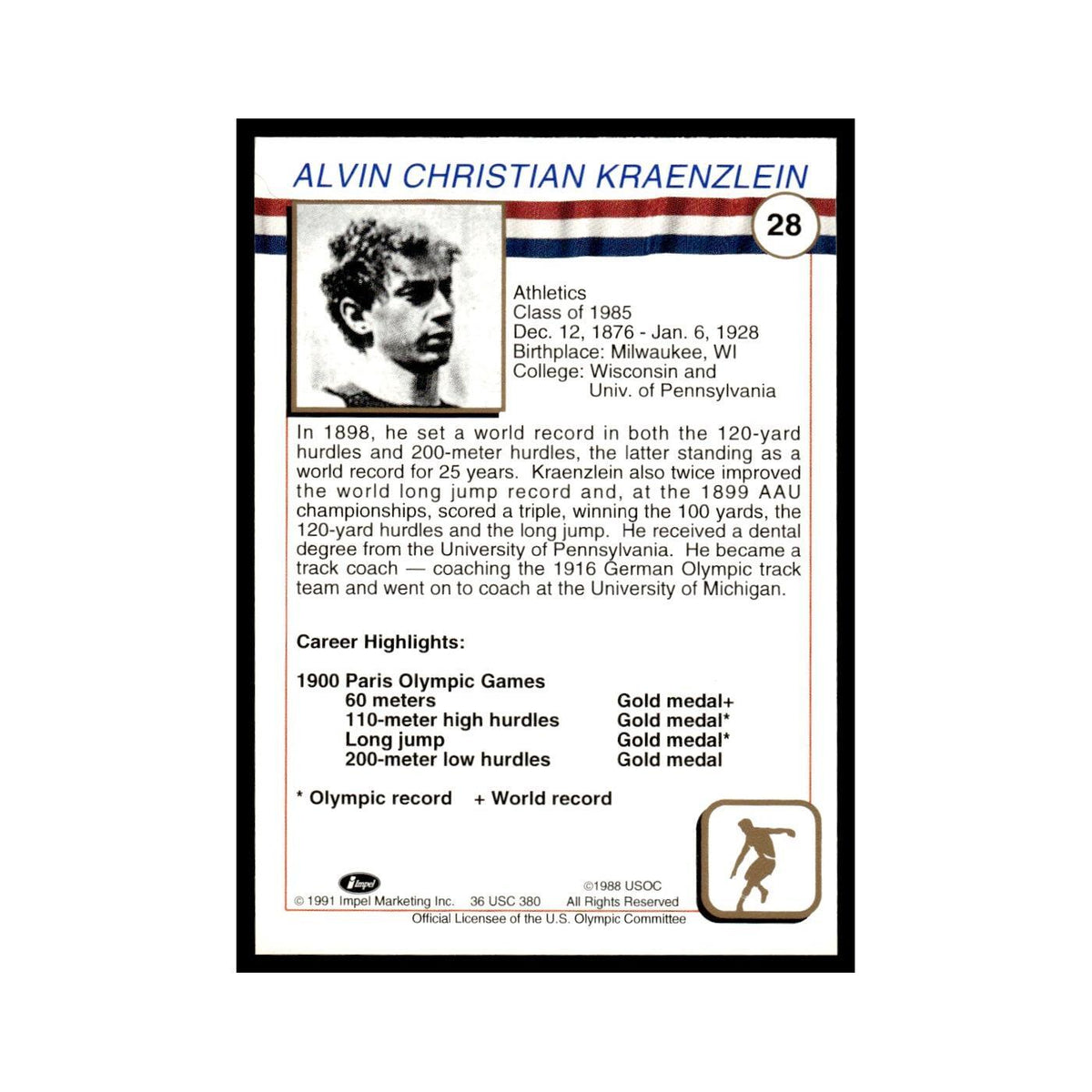Alvin Kraenzlein 1991 Impel US Olympic Hall Of Fame #28 Baseball Card NM