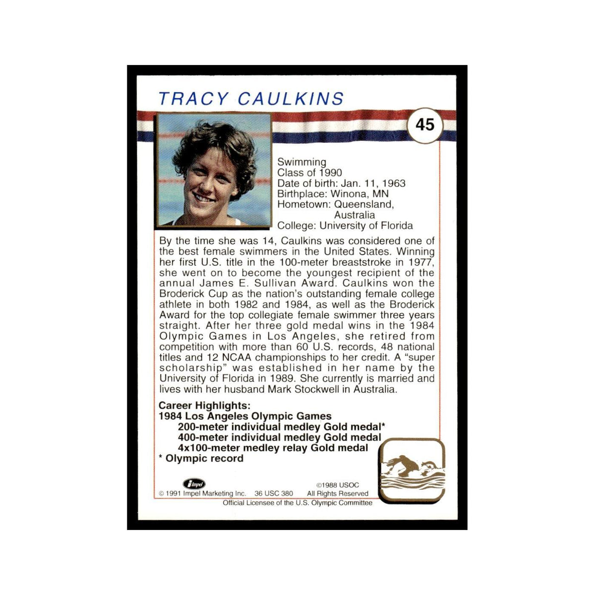 Tracy Caulkins 1991 Impel US Olympic Hall Of Fame #45 Baseball Card NM