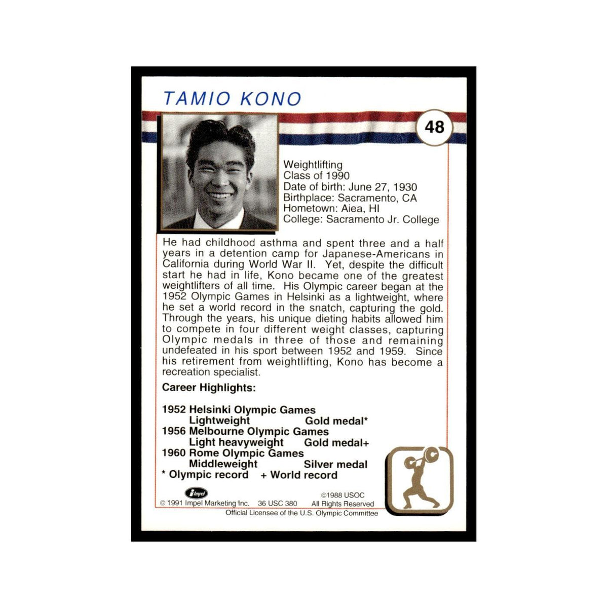 Tommy Kono 1991 Impel US Olympic Hall Of Fame #48 Baseball Card NM