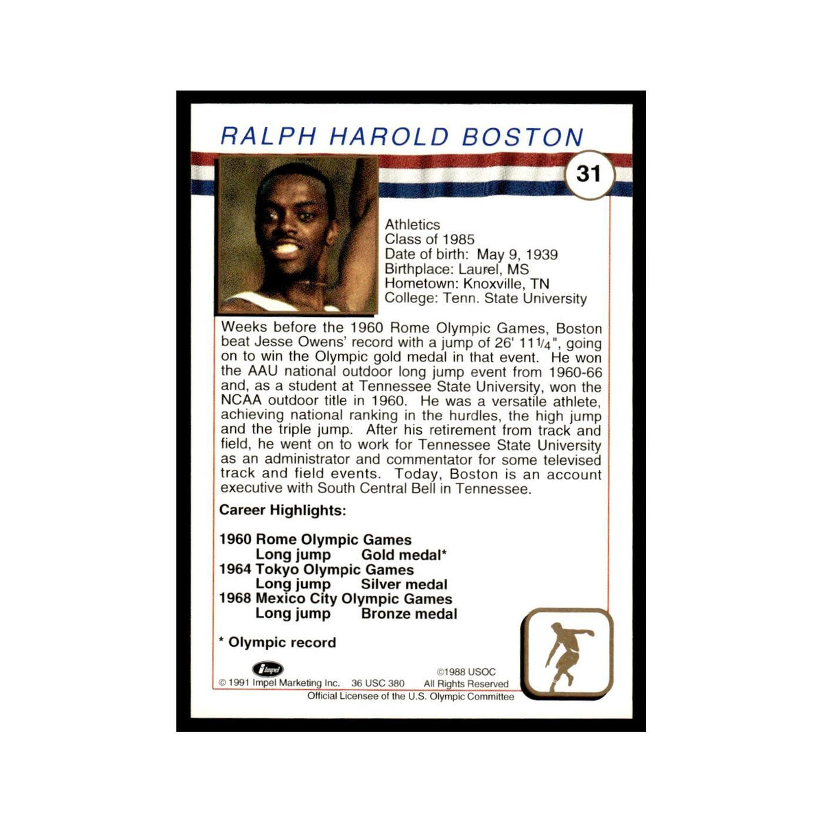 Ralph Boston 1991 Impel US Olympic Hall Of Fame #31 Baseball Card NM