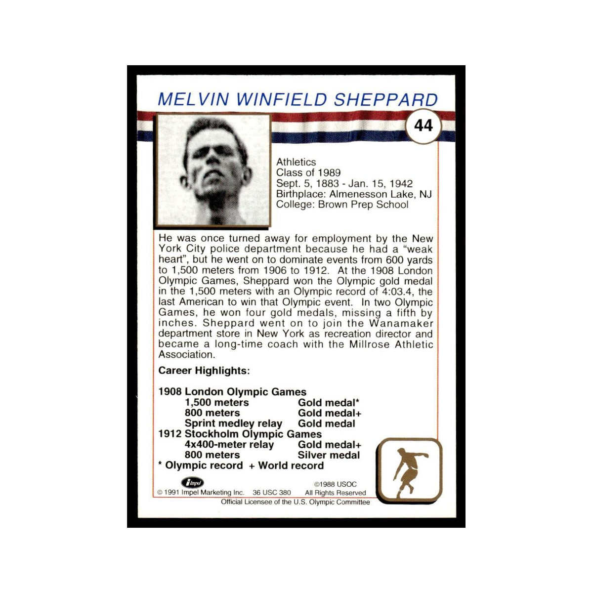 Mel Sheppard 1991 Impel US Olympic Hall Of Fame #44 Baseball Card NM