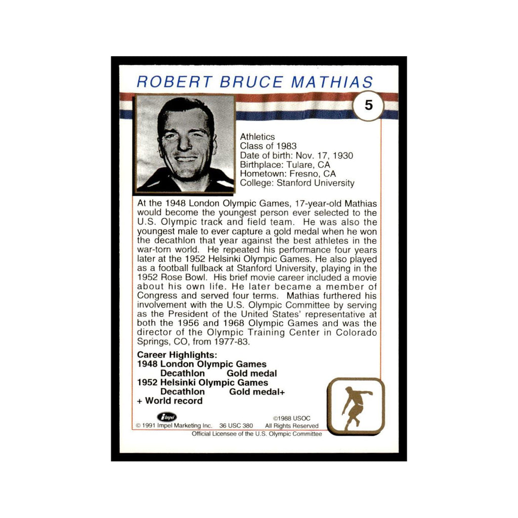Bob Mathias 1991 Impel US Olympic Hall Of Fame #5 Baseball Card NM
