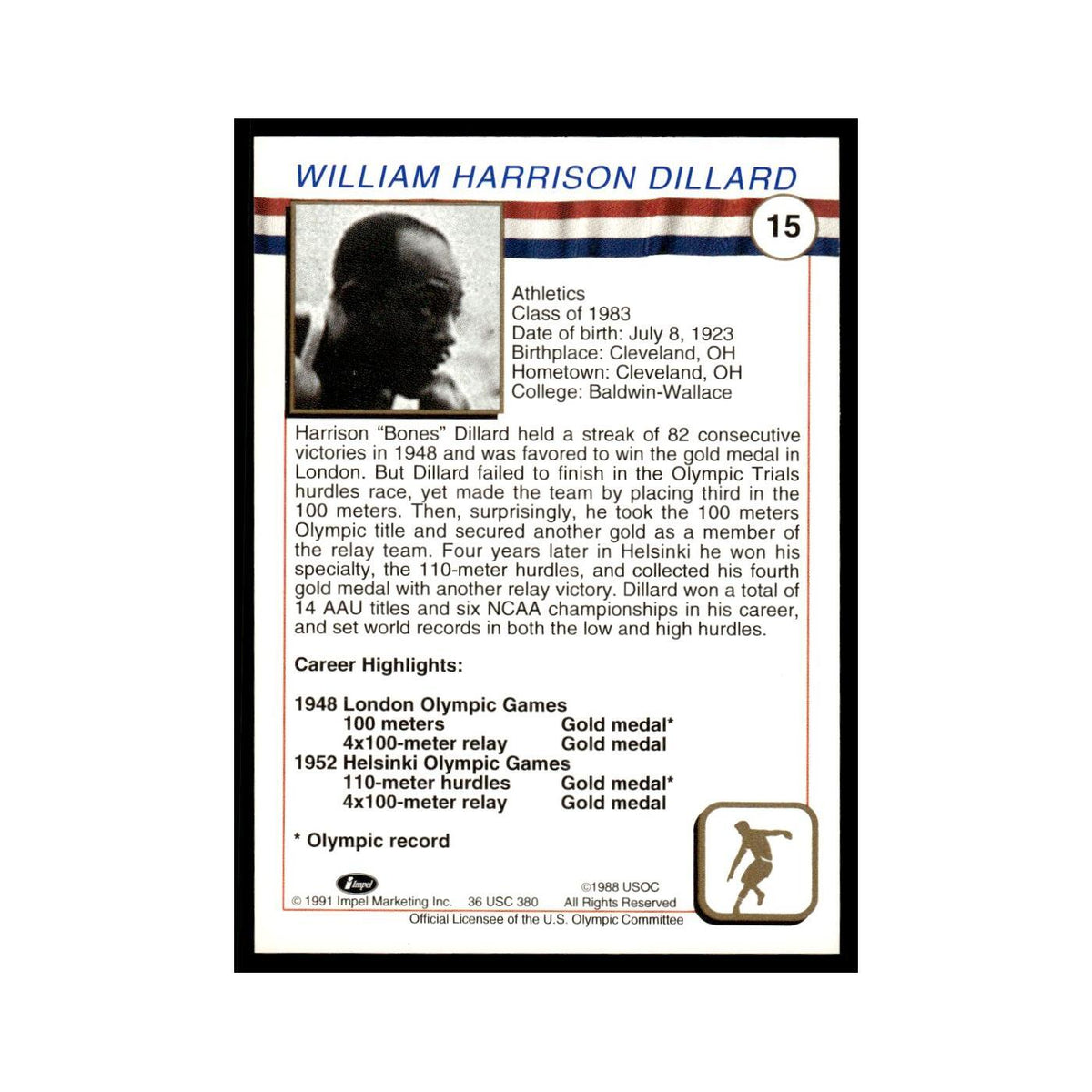 Harrison Dillard 1991 Impel US Olympic Hall Of Fame #15 Baseball Card NM