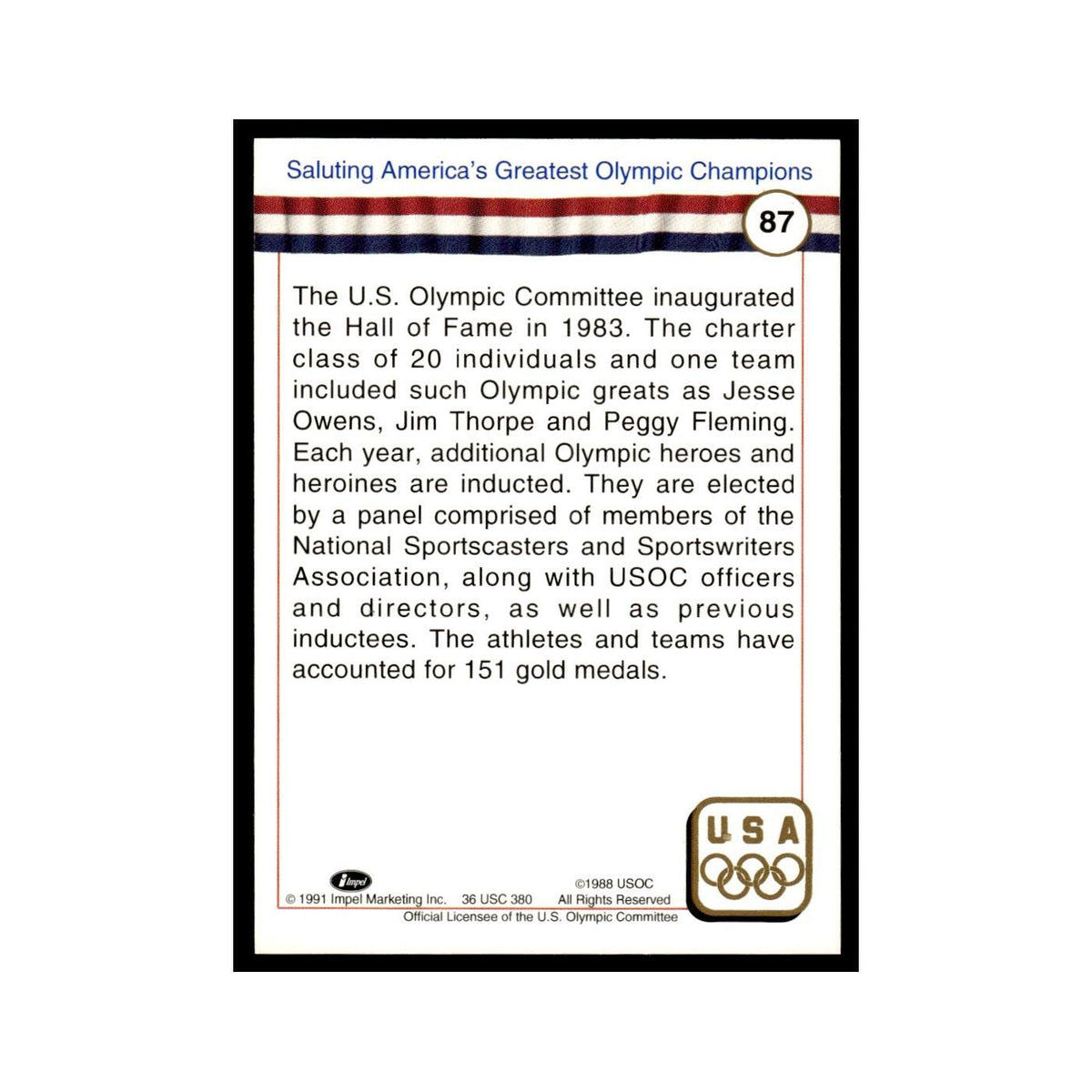 Saluting America's Greatest 1991 Impel US Olympic Hall Of Fame #87 NM