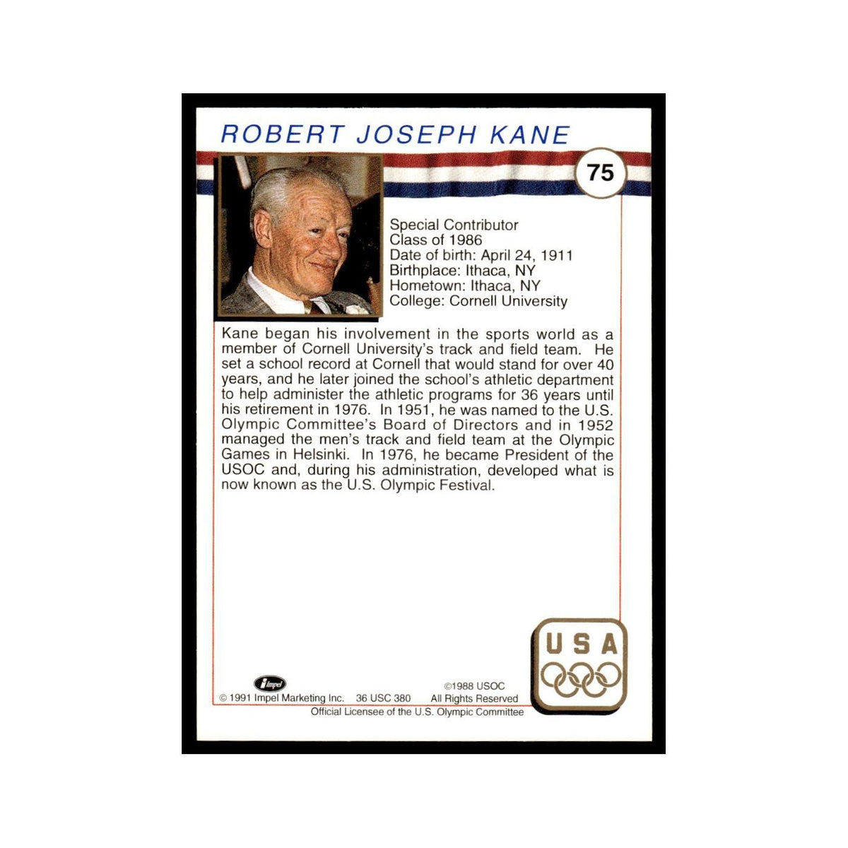 Robert J. Kane 1991 Impel US Olympic Hall Of Fame #75 Baseball Card NM