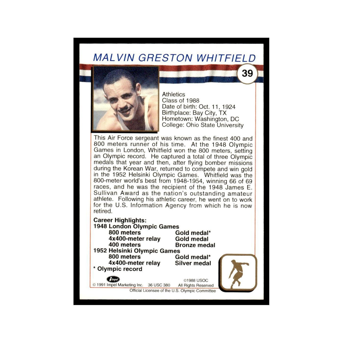 Mal Whitfield 1991 Impel US Olympic Hall Of Fame #39 Baseball Card NM