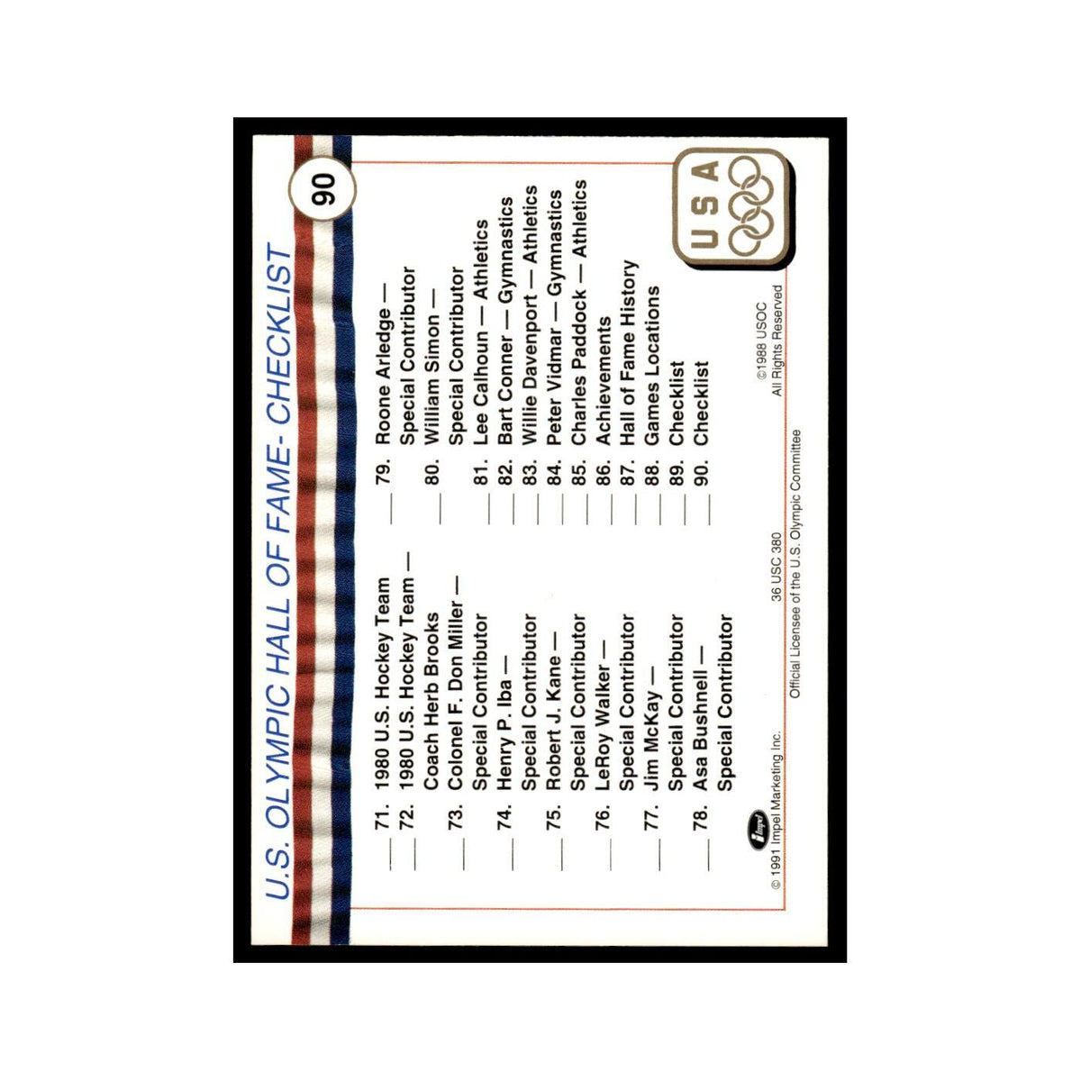 Checklist 45-90 1991 Impel US Olympic Hall Of Fame #90 Baseball Card NM