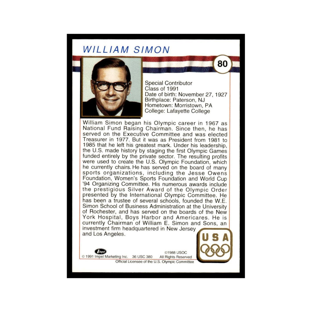 William Simon 1991 Impel US Olympic Hall Of Fame #80 Baseball Card NM