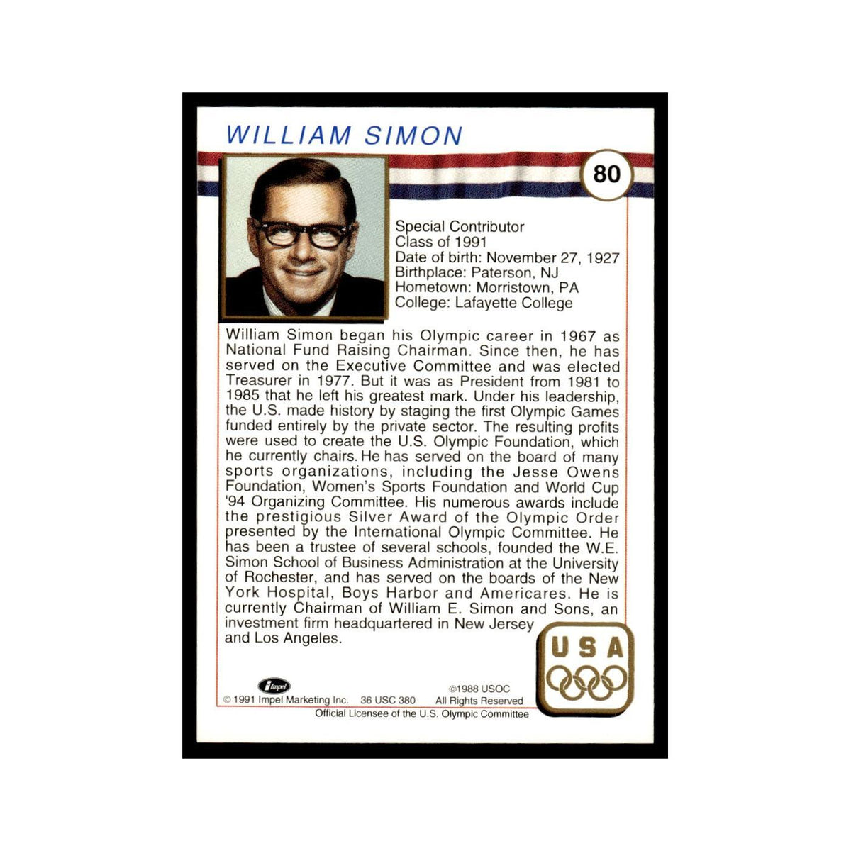 William Simon 1991 Impel US Olympic Hall Of Fame #80 Baseball Card NM
