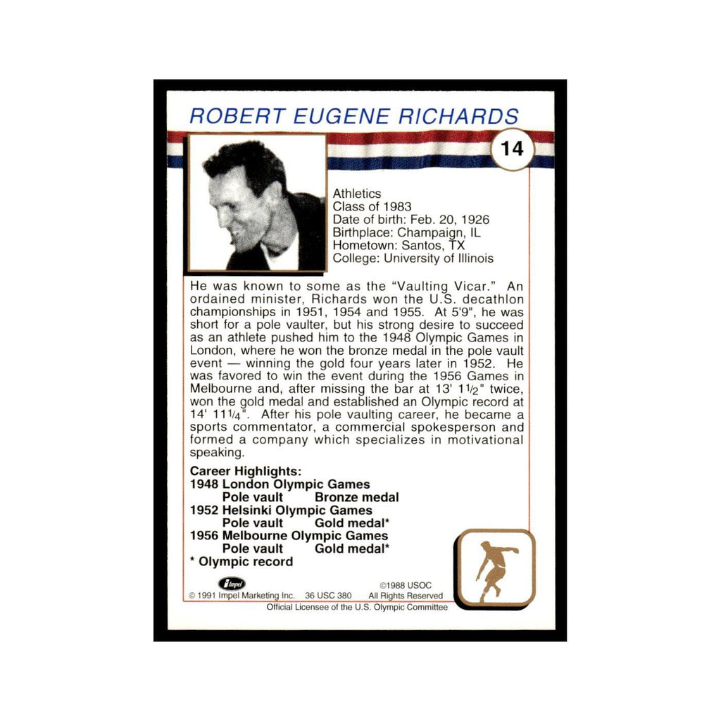 Bob Richards 1991 Impel US Olympic Hall Of Fame #14 Baseball Card NM