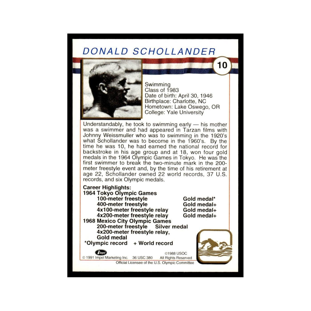 Don Schollander 1991 Impel US Olympic Hall Of Fame #10 Baseball Card NM