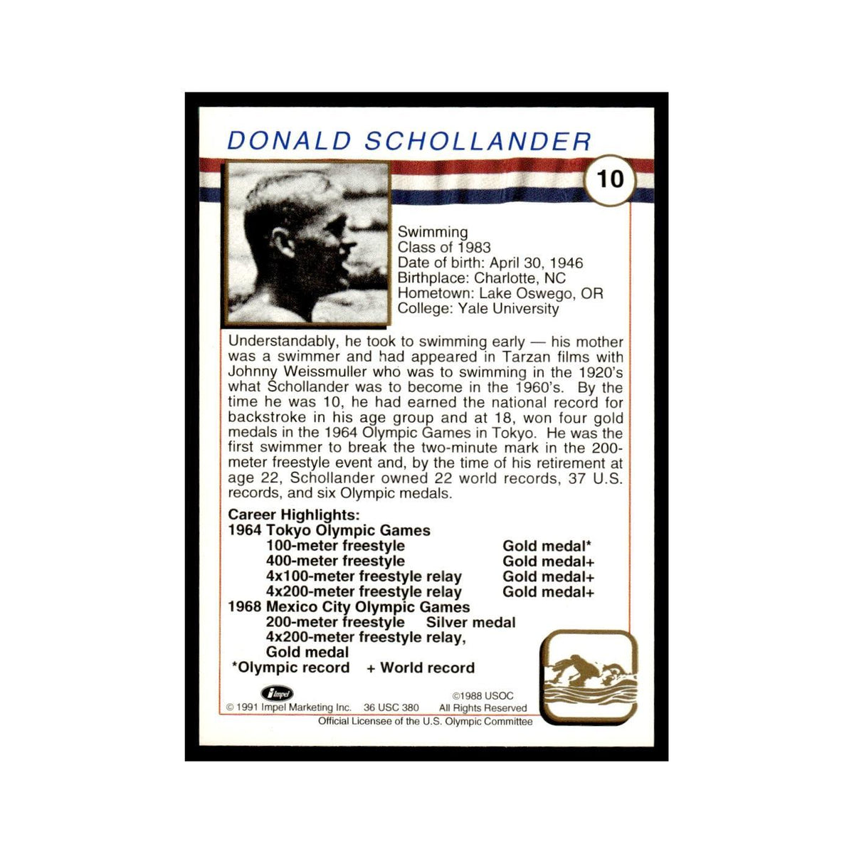 Don Schollander 1991 Impel US Olympic Hall Of Fame #10 Baseball Card NM