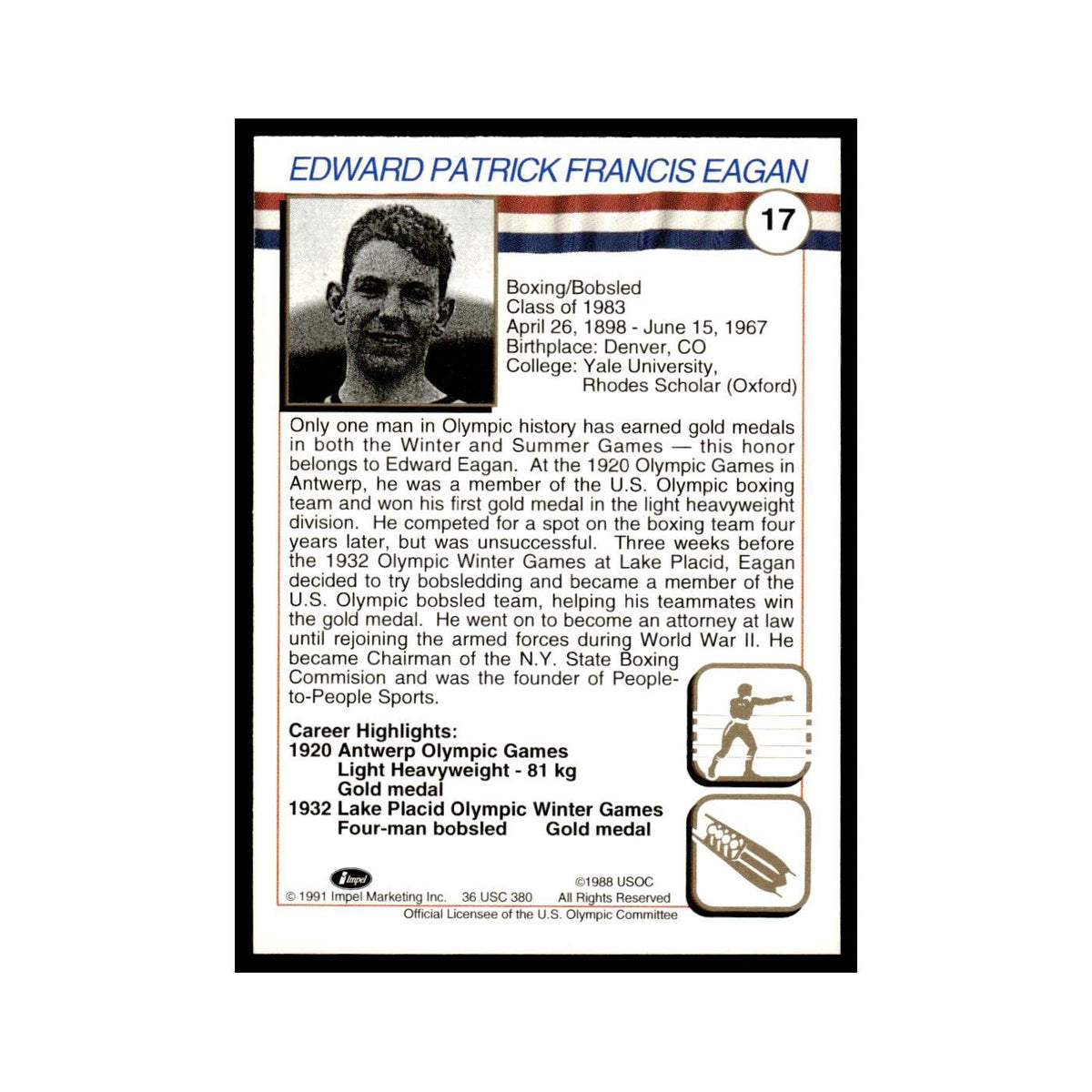 Eddie Eagan 1991 Impel US Olympic Hall Of Fame #17 Baseball Card NM