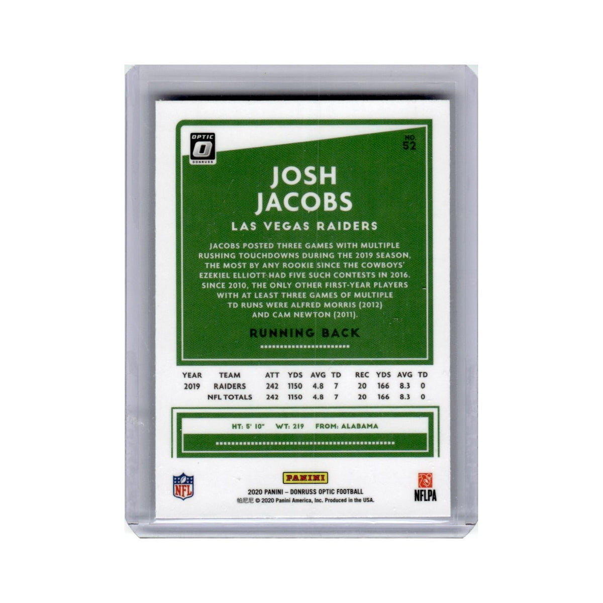 Josh Jacobs 2020 Donruss Optic #52 Las Vegas Raiders Football Card NM