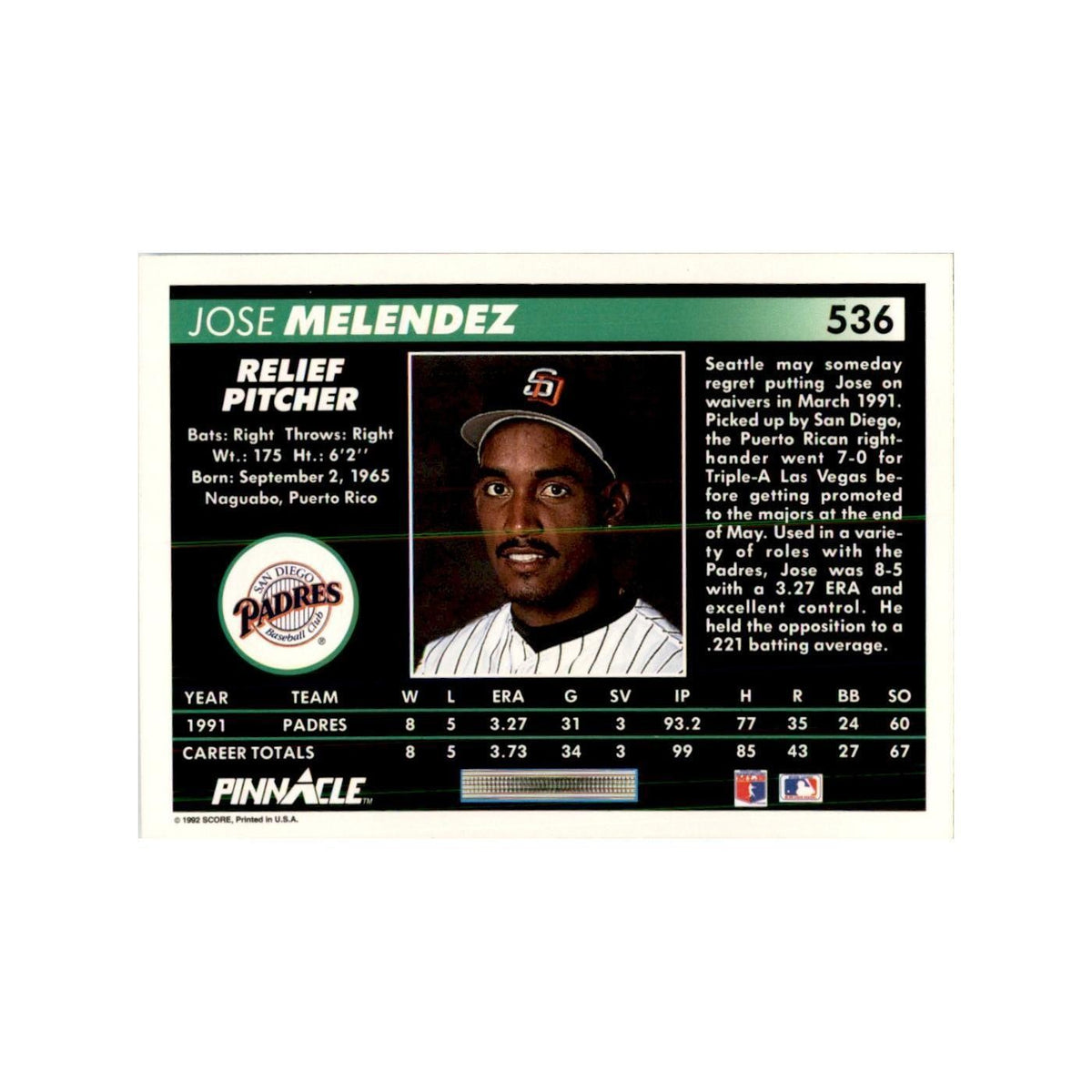 1992 Pinnacle Jose Melendez Baseball Cards #536