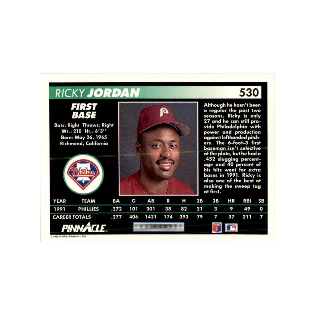 1992 Pinnacle Ricky Jordan Baseball Cards #530