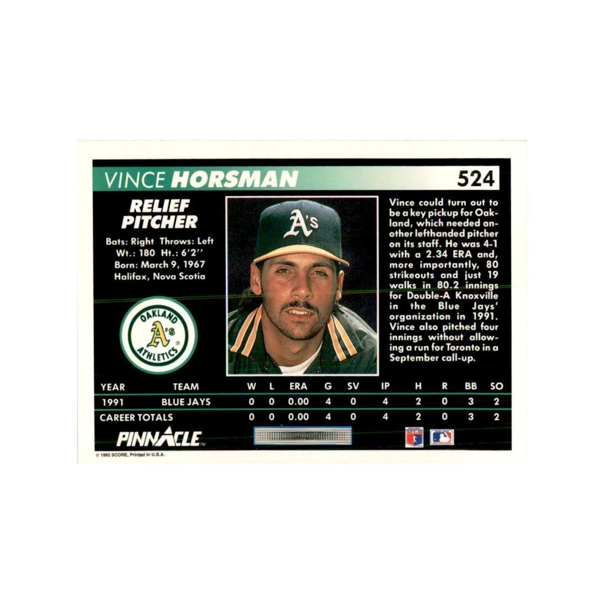 1992 Pinnacle Vince Horsman Baseball Cards #524