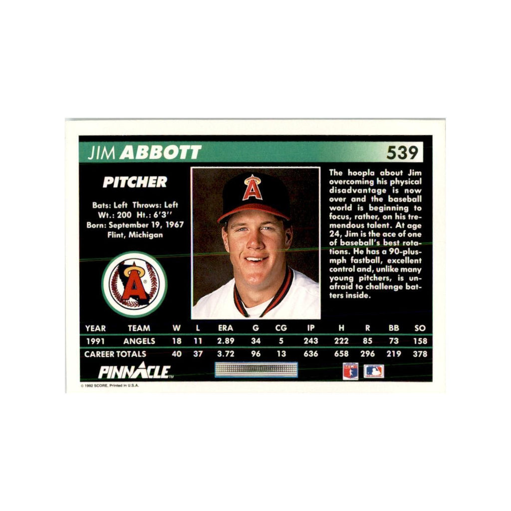 1992 Pinnacle Jim Abbott Baseball Cards #539