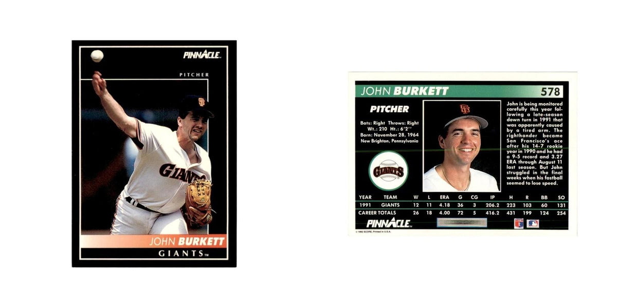 1992 Pinnacle John Burkett Baseball Cards #578