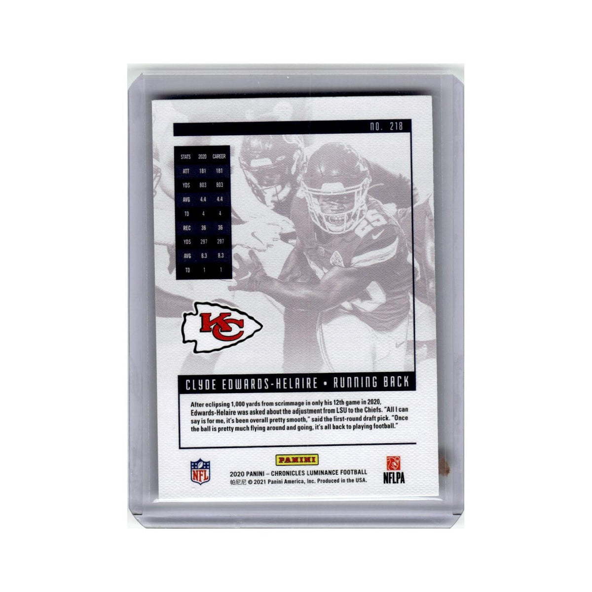 Clyde Edwards Helaire Rookie 2020 Panini Chronicles Luminance #218 Chiefs NM