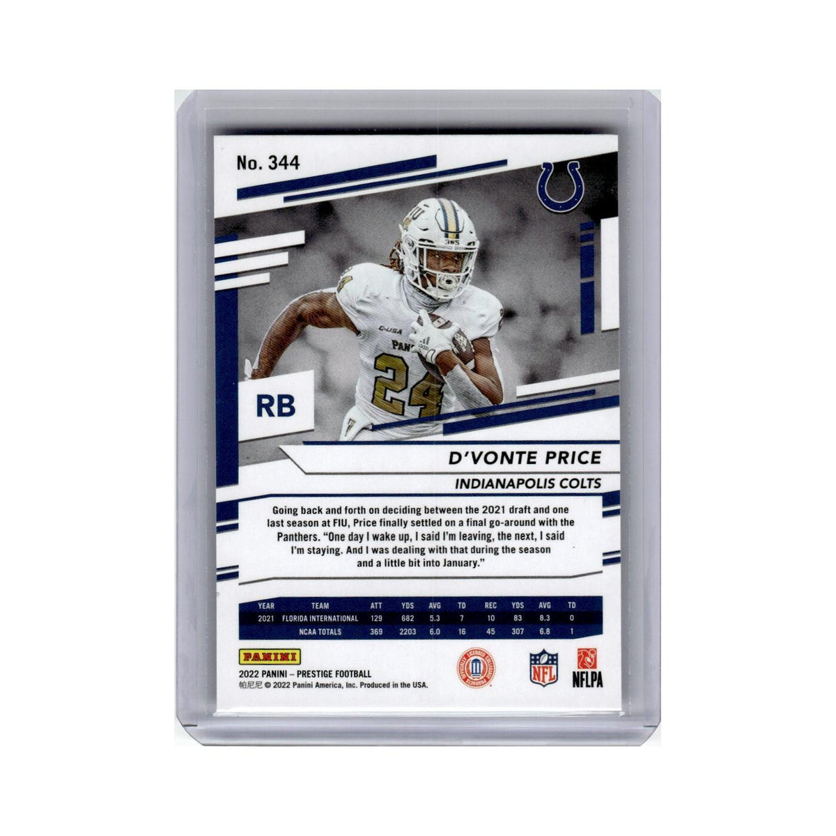 D'Vonte Price Rookie 2022 Panini Prestige #344 Indianapolis Colts NM