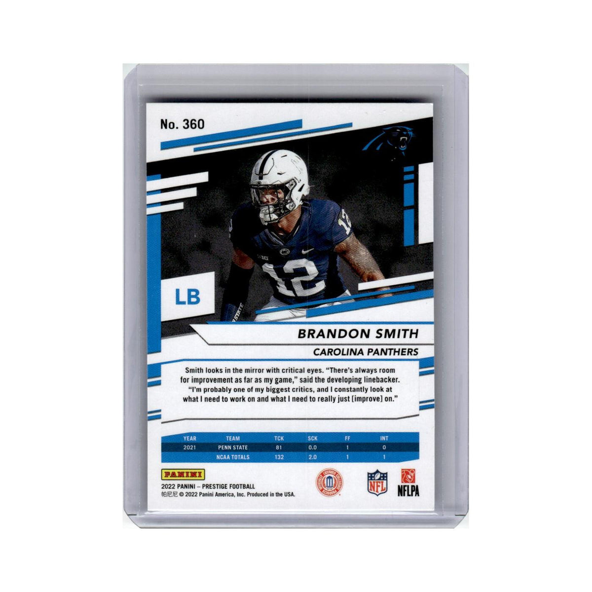 Brandon Smith Rookie 2022 Panini Prestige #360 Carolina Panthers NM
