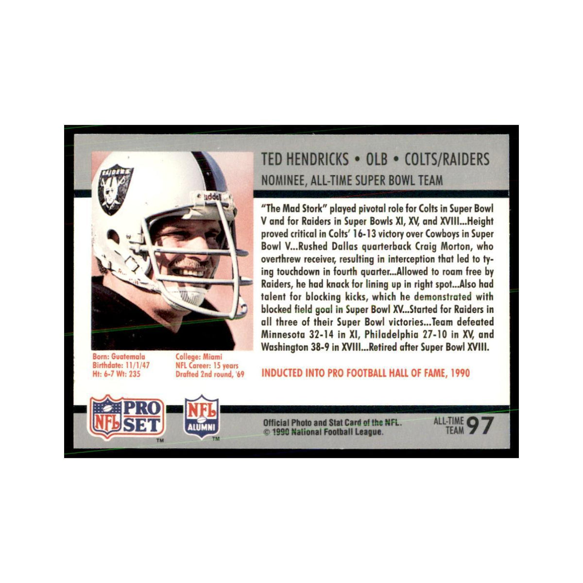 1990 Pro Set Silver Anniversay Commemorative Ted Hendricks #97