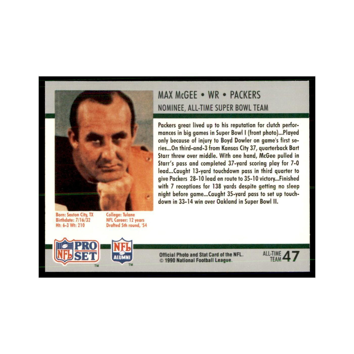 1990 Pro Set Silver Anniversay Commemorative Max McGee #47