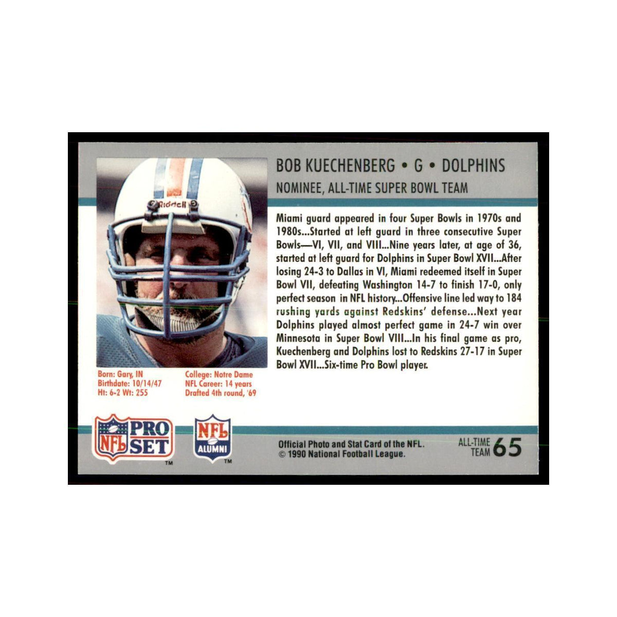 1990 Pro Set Silver Anniversay Commemorative Bob Kuechenberg #65
