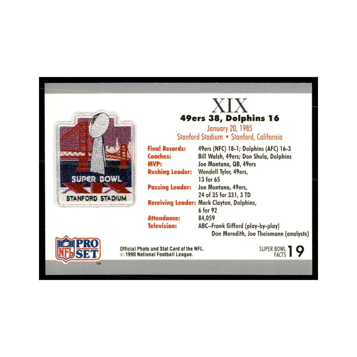 1990 Pro Set Silver Anniversay Commemorative SB XIX Ticket #19
