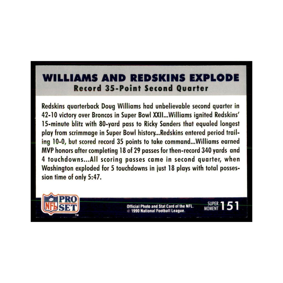 1990 Pro Set Silver Anniversay Commemorative Williams and Redskins explode #151