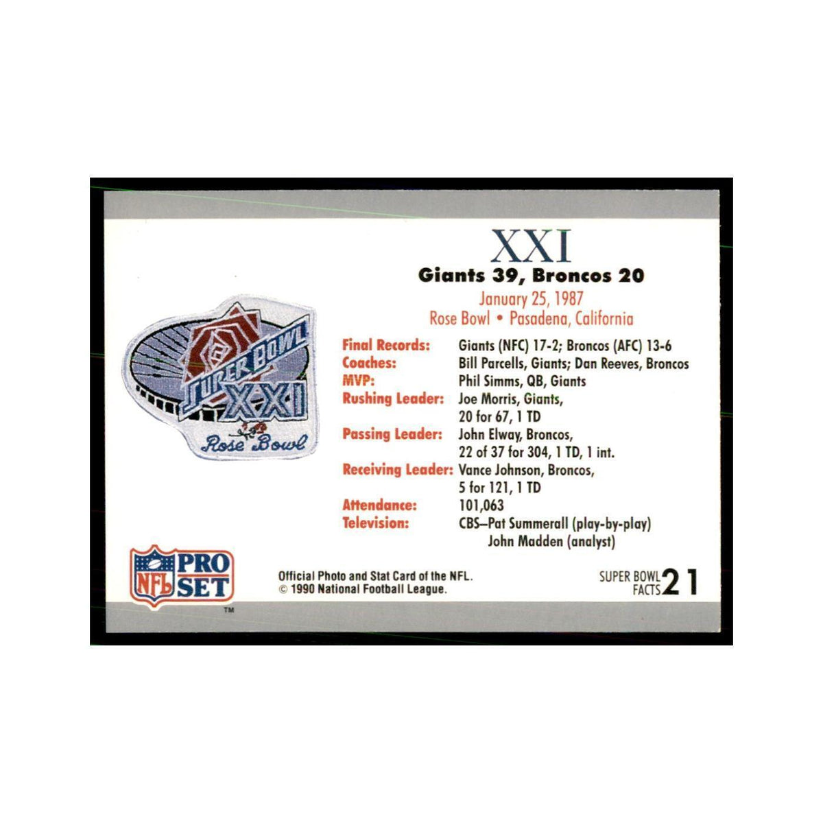 1990 Pro Set Silver Anniversay Commemorative SB XXI Ticket #21