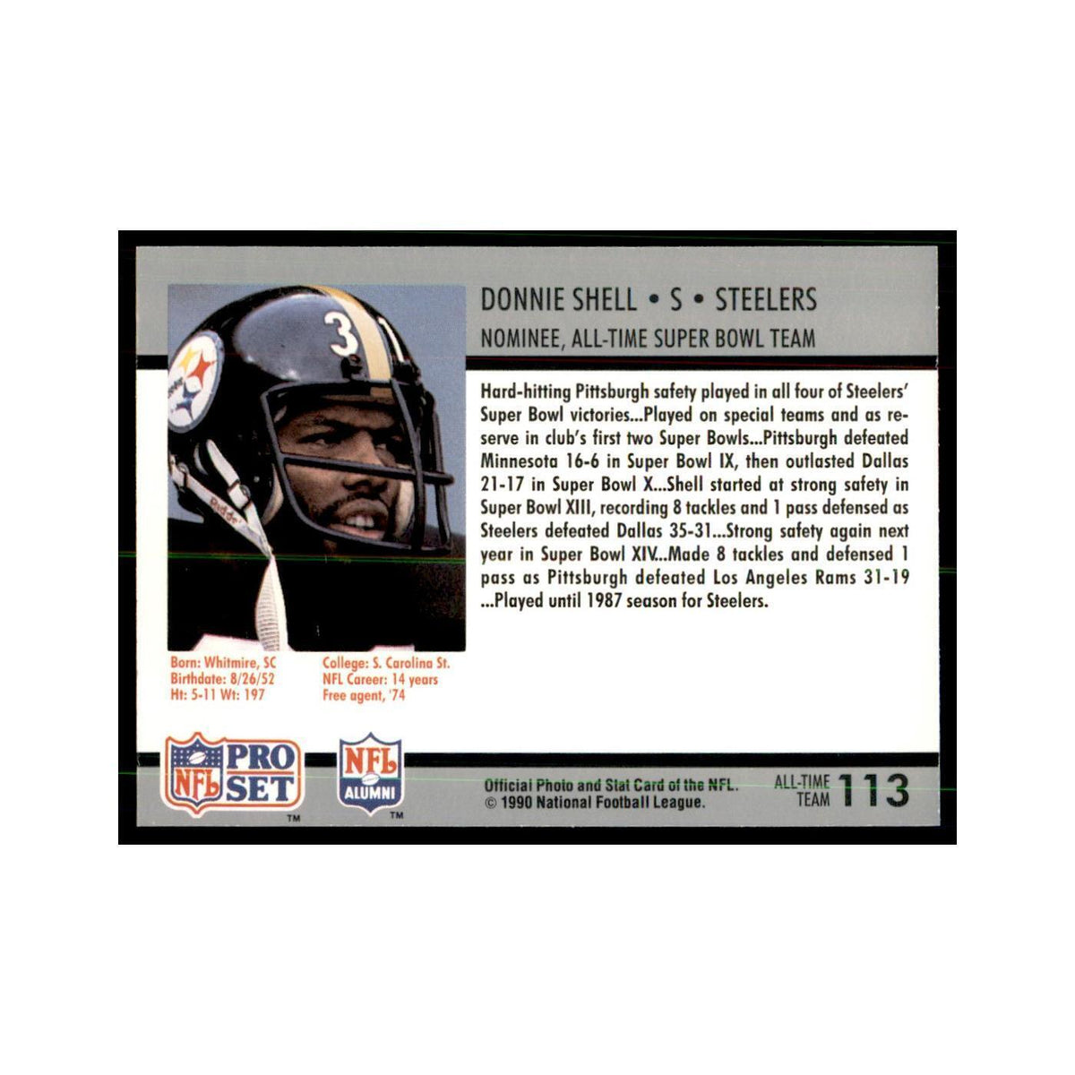 1990 Pro Set Silver Anniversay Commemorative Donnie Shell #113