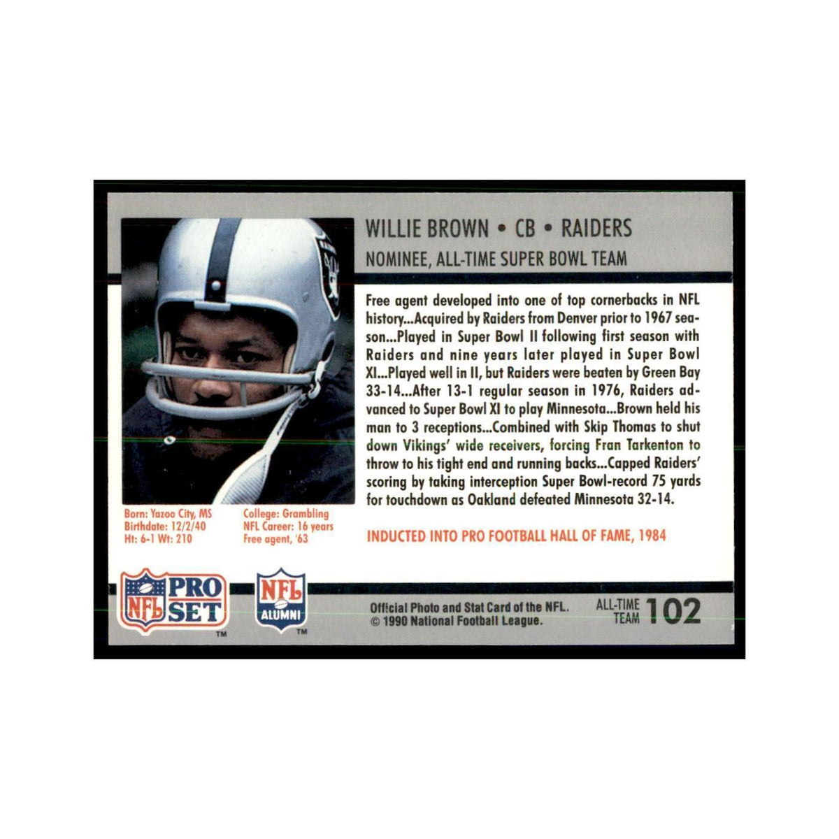 1990 Pro Set Silver Anniversay Commemorative Willie Brown #102