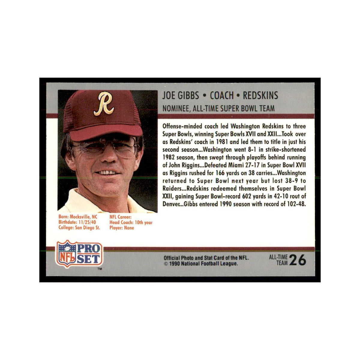 1990 Pro Set Silver Anniversay Commemorative Joe Gibbs #26
