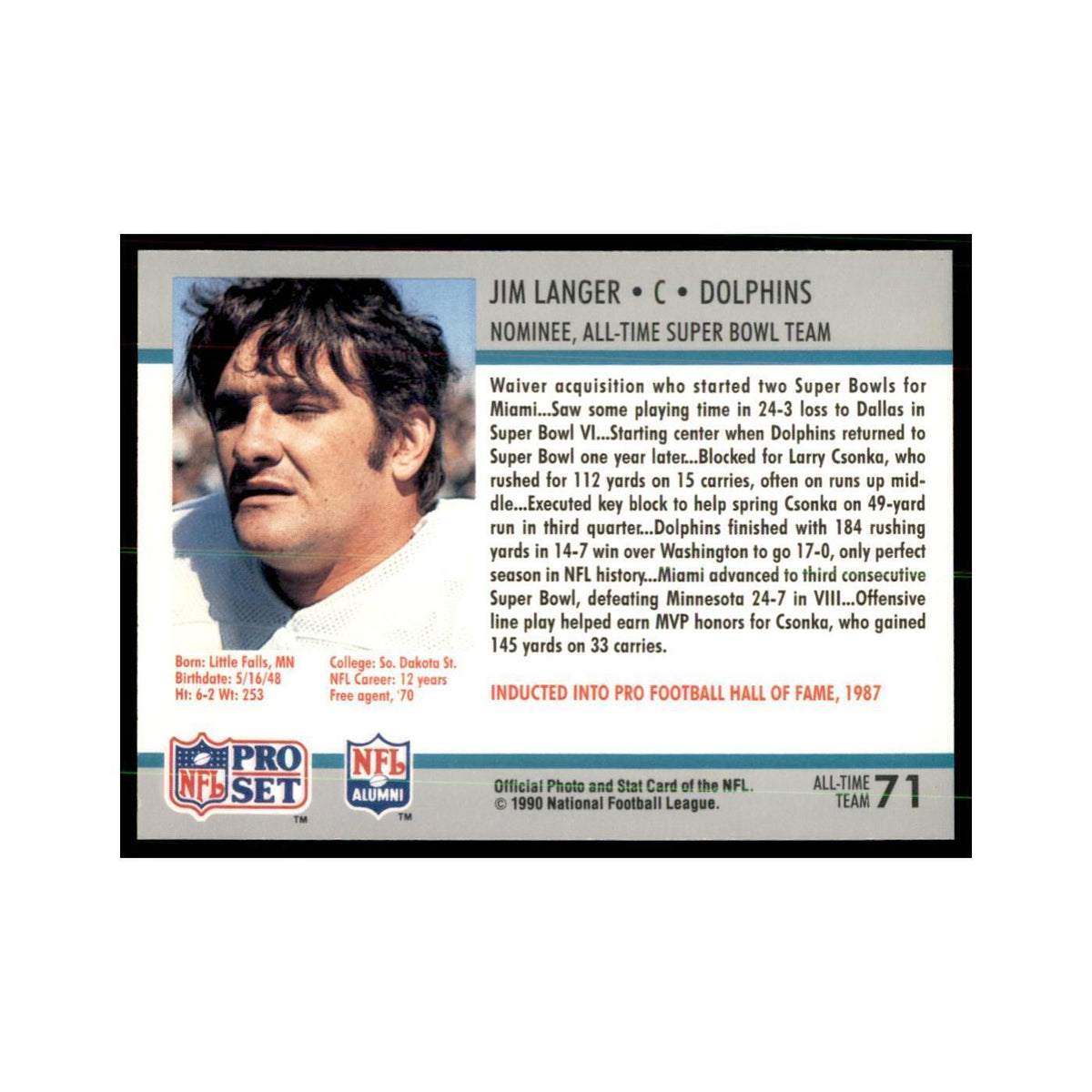 1990 Pro Set Silver Anniversay Commemorative Jim Langer #71