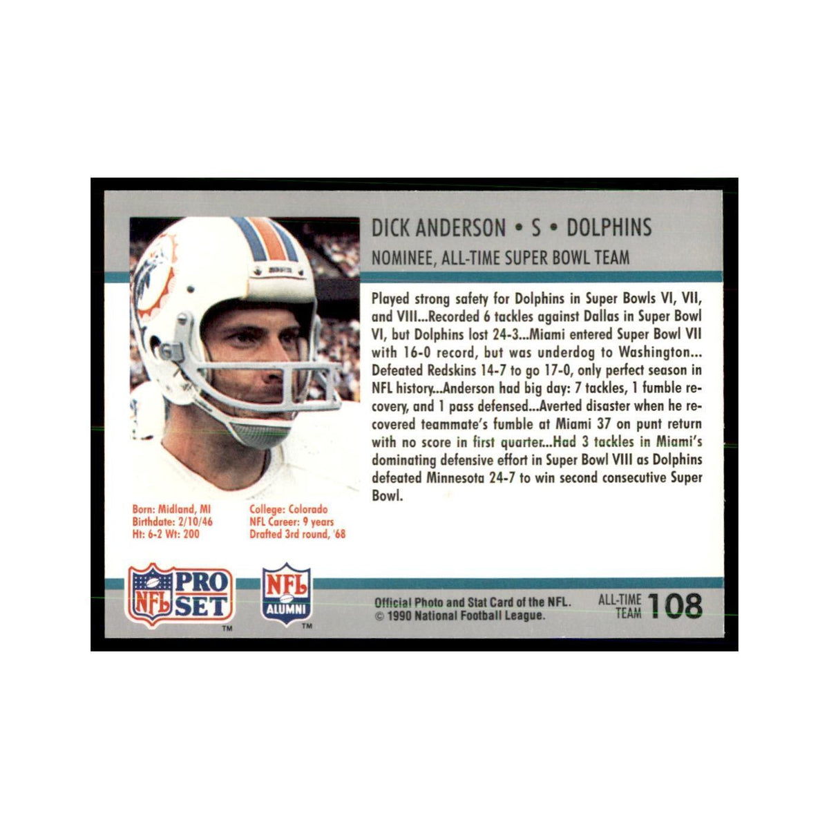 1990 Pro Set Silver Anniversay Commemorative Dick Anderson #108