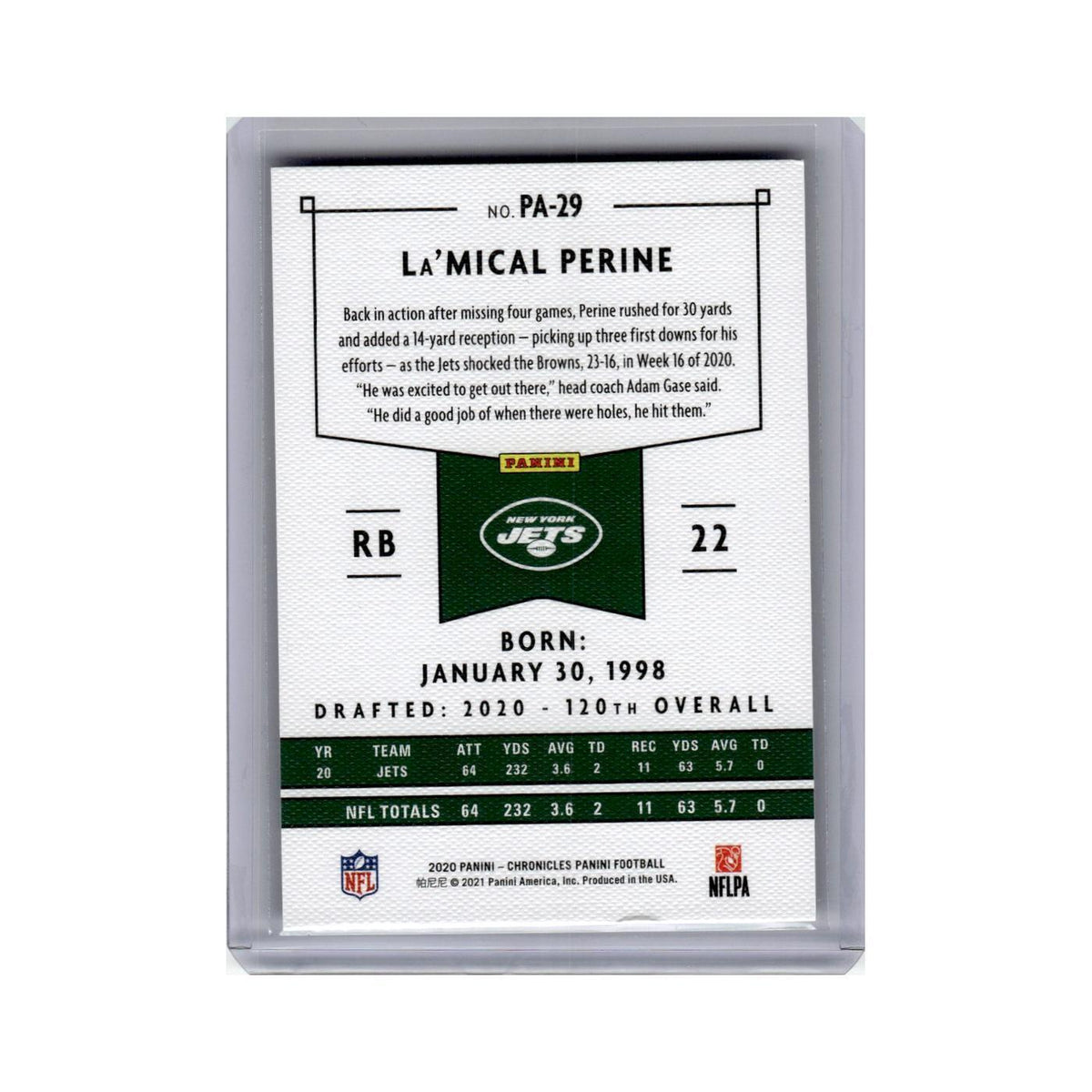 La'Mical Perine Rookie 2020 Panini Chronicles #PA-29 New York Jets NM