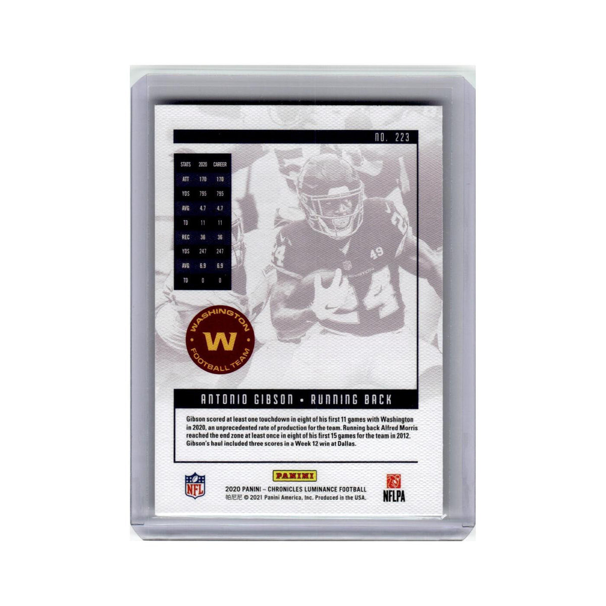 Antonio Gibson Rookie 2020 Panini Chronicles Luminance #223 Washington NM